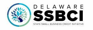 Logo - The text says Delaware SSBCI, State Small Business Credit Initiative. The text is stacked in the logo on the left side. Taking up one-third of the right side is the graphic part of the logo, which is an image of a tree with leaves in various shades of blue and green. The tree is surrounded by a circle containing the same shades of color. 