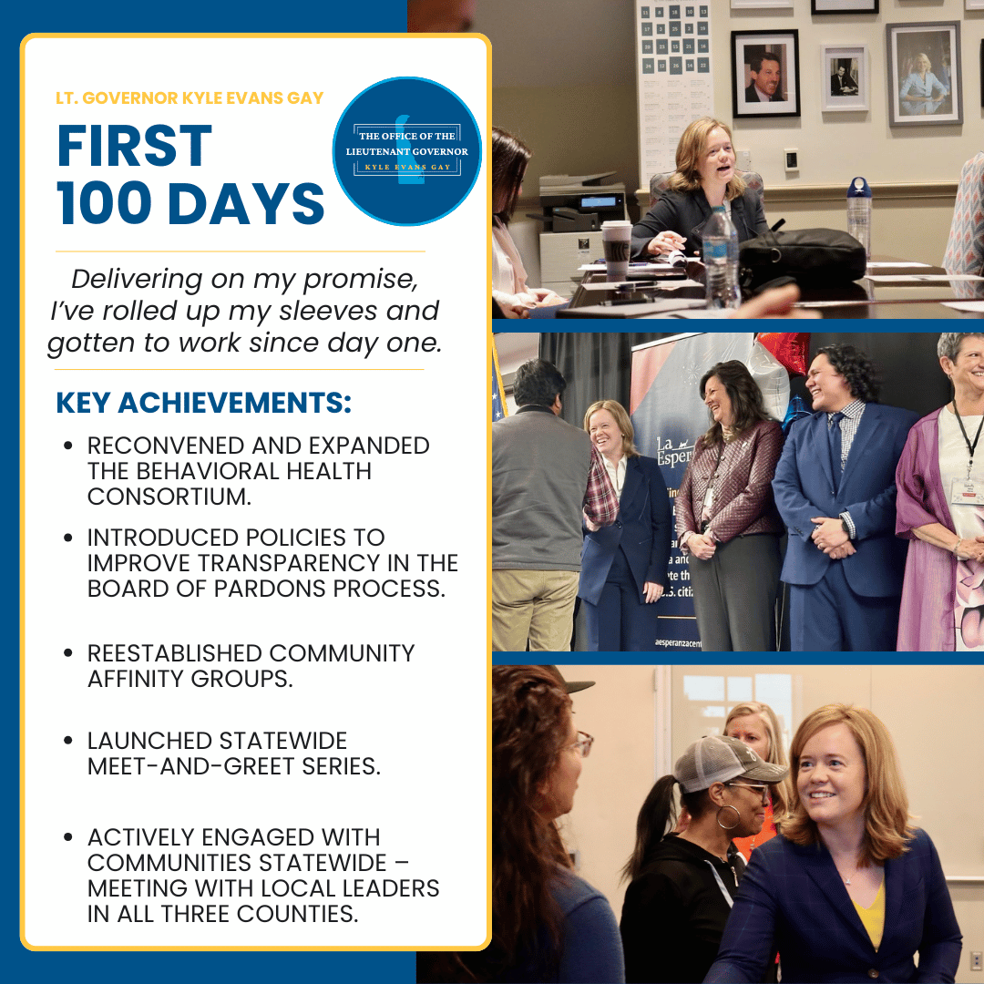Graphic: First 100 Days Lt. Governor Kyle Evans Gay Delivering on my promise, I’ve rolled up my sleeves, gotten to work from day one. Key Achievements: Reconvened and expanded the Behavioral Health Consortium. Introduced policies to improve transparency in the Board of Pardons process. Reestablished Community Affinity Groups. Launched statewide meet-and-greet series. actively engaged with communities statewide – meeting with local leaders in all three counties.