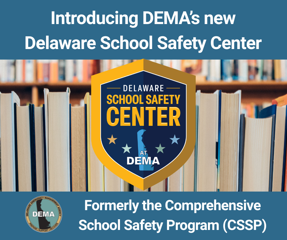 Delaware School Safety Center's new logo with school books in background.