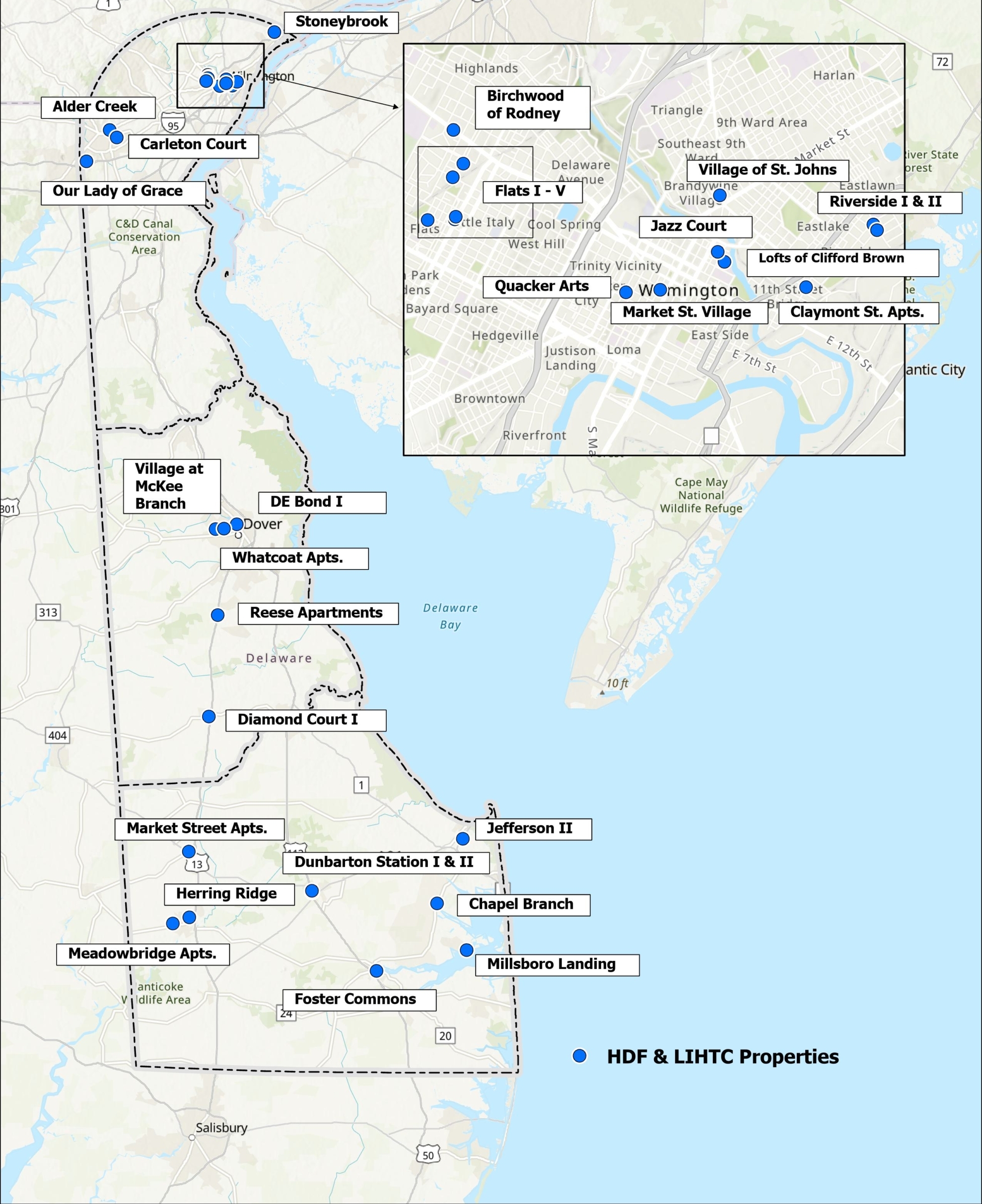 A map of DSHA Low-Income Housing Tax Credit sites throughout Delaware