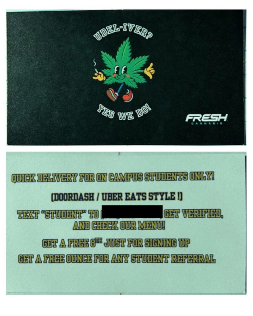 Fake advertisement for an illegal marijuana business in the Newark, Delaware area.