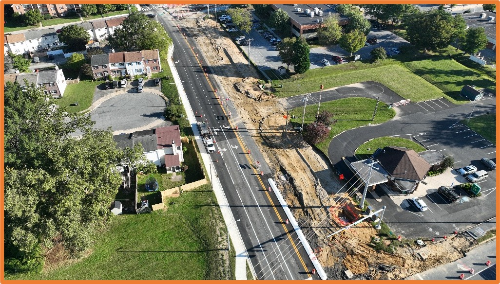 An aerial view of the recently completed sidewalk on the south side of Kenton Road approaching Route 8