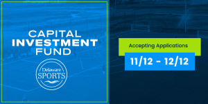 Two squares together, one with the program name on the left in white with a light blue ocean like background, and the dates applications are accepted on the left in bright green and blue boxes with a dark blue background.