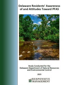 Cover of the report titled “Delaware Residents’ Awareness of and Attitudes Toward PFAS.” The page features a photograph of a clear, shallow creek surrounded by lush green trees under a blue sky. Text below the image reads, “Study Conducted for the Delaware Department of Natural Resources and Environmental Control, 2025,” with the Responsive Management logo at the bottom.