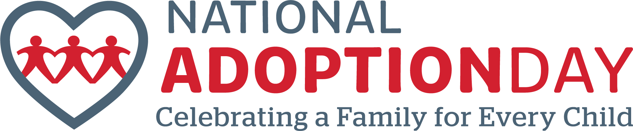 National Adoption Day logo featuring three children holding hands inside a heart, with the words “National Adoption Day” and the tagline “Celebrating a Family for Every Child.”