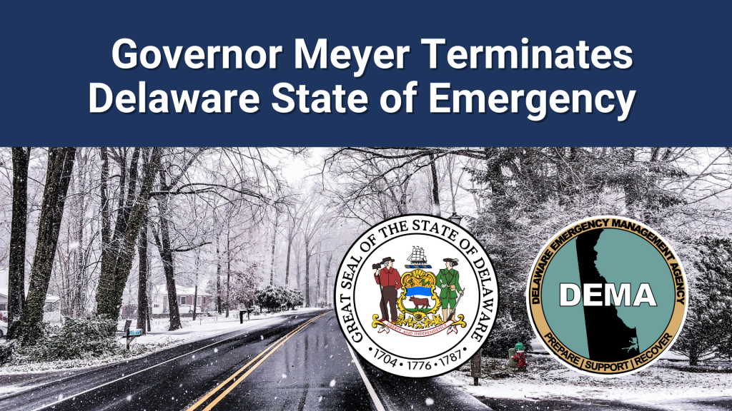 Wintry road with black ice, state and DEMA logos