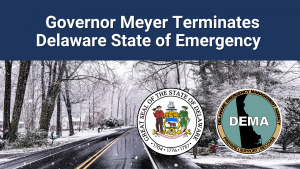 Wintry road with black ice, state and DEMA logos