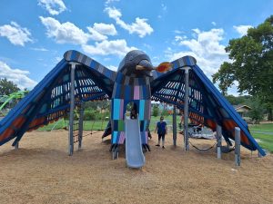 This large bird structure with a slide in part of the playground that was built in Tidewater Park in Laurel with ORPT funds.