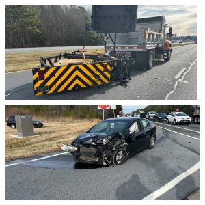 Picture of work truck that has been damaged in a crash and a picture of the vehicle that hit the truck