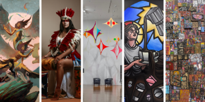 Wide banner featuring five artworks side by side: a dense mosaic-style collage, a bright abstract mixed-media composition, a mural of a person holding a lantern, a modern gallery atrium with colorful hanging sculptures, and a fantasy scene of winged figures in front of a moon.