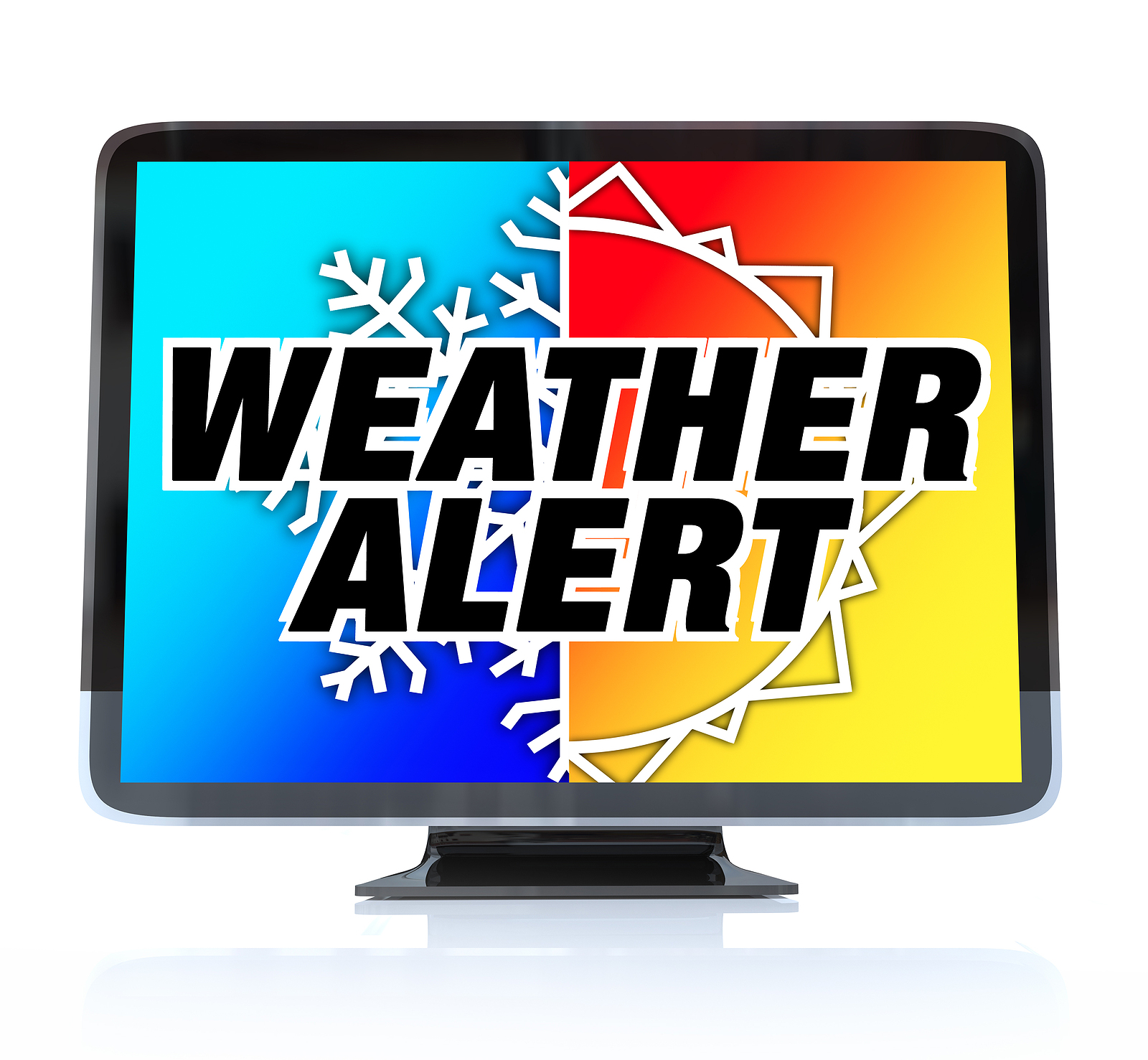 Computer monitor displaying the words ‘Weather Alert’ over a split background with a snowflake on one side and a sun on the other, representing severe weather conditions.