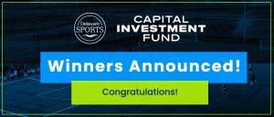 A faded dark background of a soccer field with players. Over it is the Sports Tourism round logo, the fund name beside it and a blue banner and green banner underneath them with text.