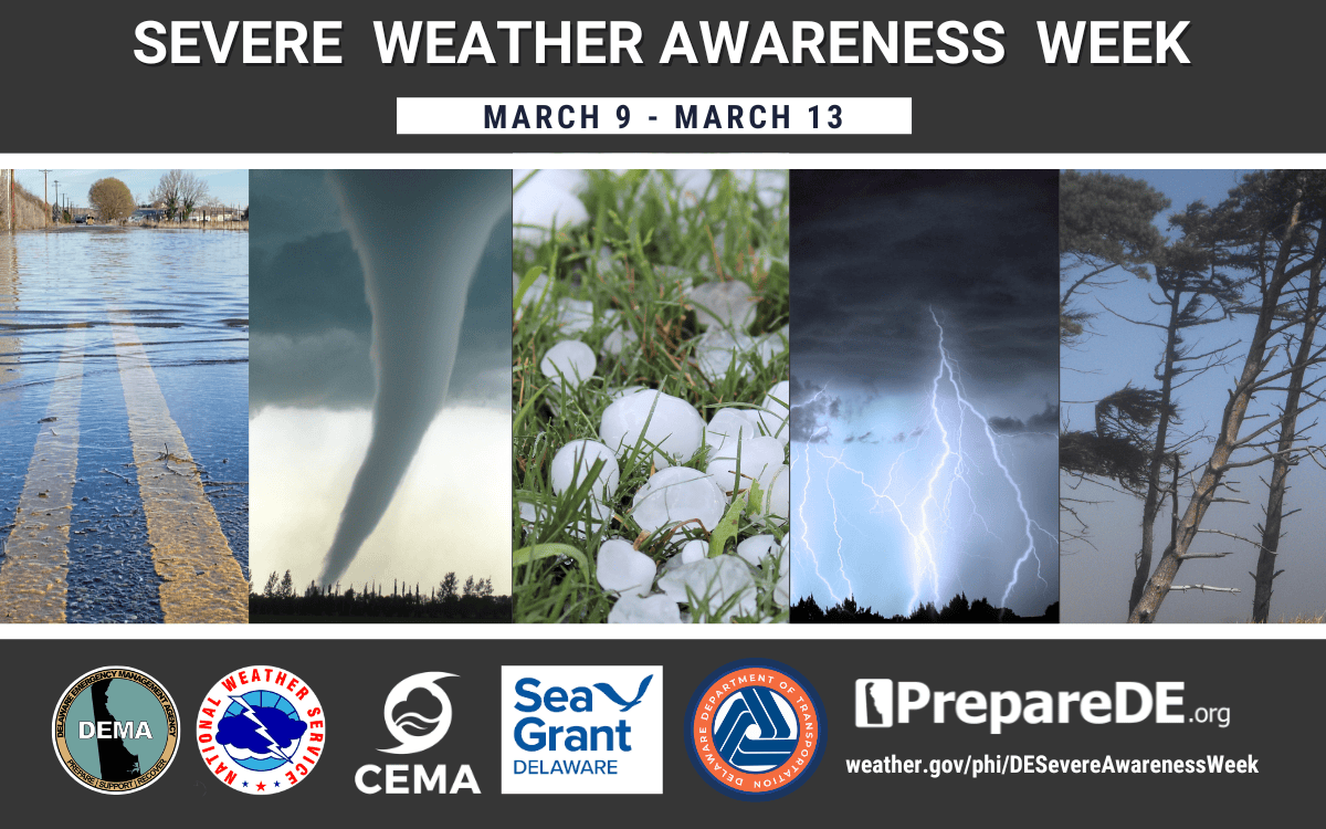 Severe Weather Awareness Week, March 9-13, 2026. Graphic depicting themes of week. Flood Safety (Monday), Tornado Safety (Tuesday), Severe Thunderstorm and Hail (Wednesday), Thunder and Lightning Safety (Thursday), Preparing for severe weather (Friday).