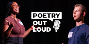 Banner image showing two Poetry Out Loud student performers on a dark stage with hands raised, with the “POETRY OUT LOUD” logo and microphone icon centered between them.