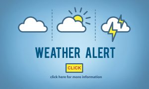 Weather alert graphic with cloud, sun, and lightning icons above the words “Weather Alert” and a button labeled “Click for more information.”