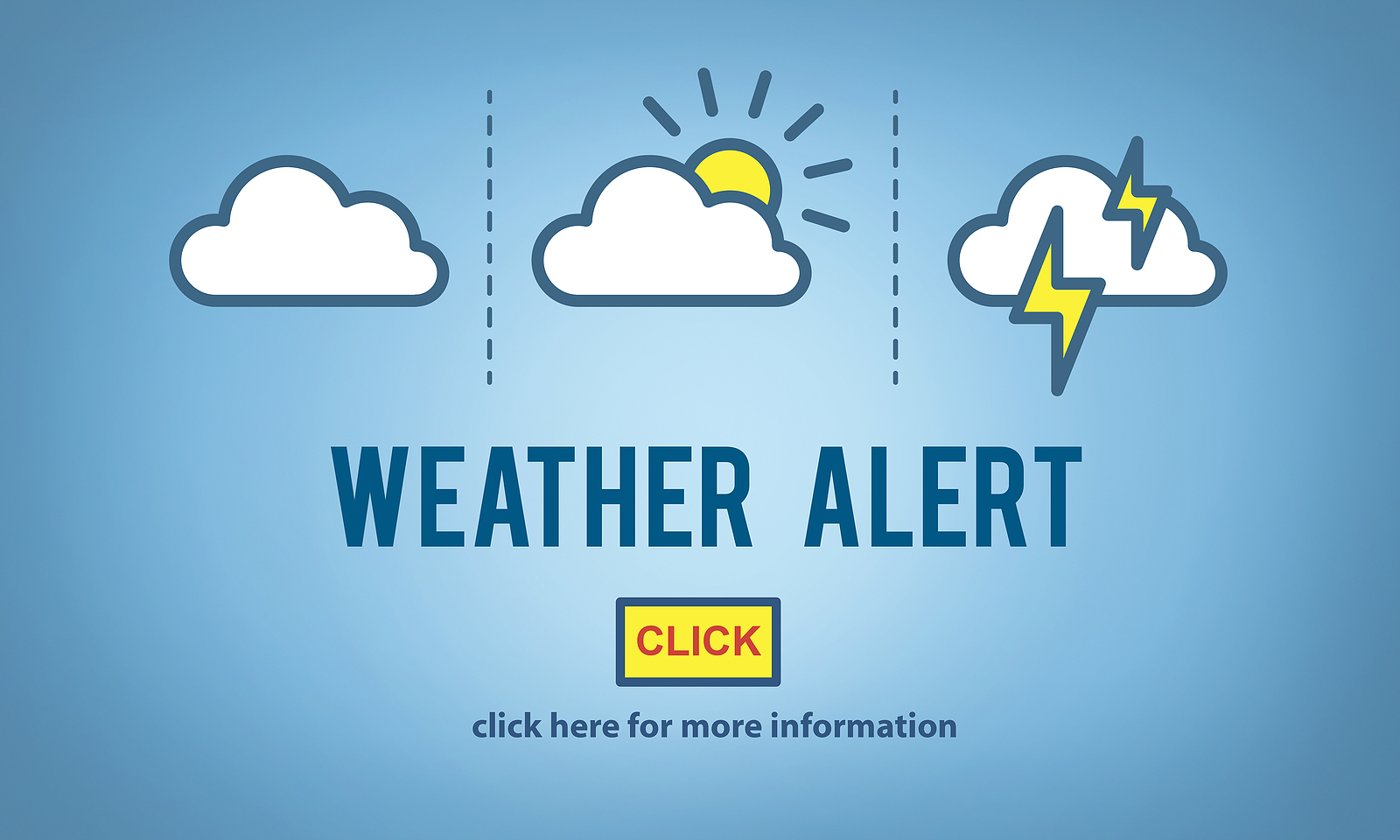 Weather alert graphic with cloud, sun, and lightning icons above the words “Weather Alert” and a button labeled “Click for more information.”