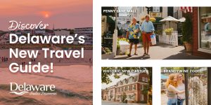 On the left is Rehoboth Beach as a background and on the right, three images of tourist attractions in the state.