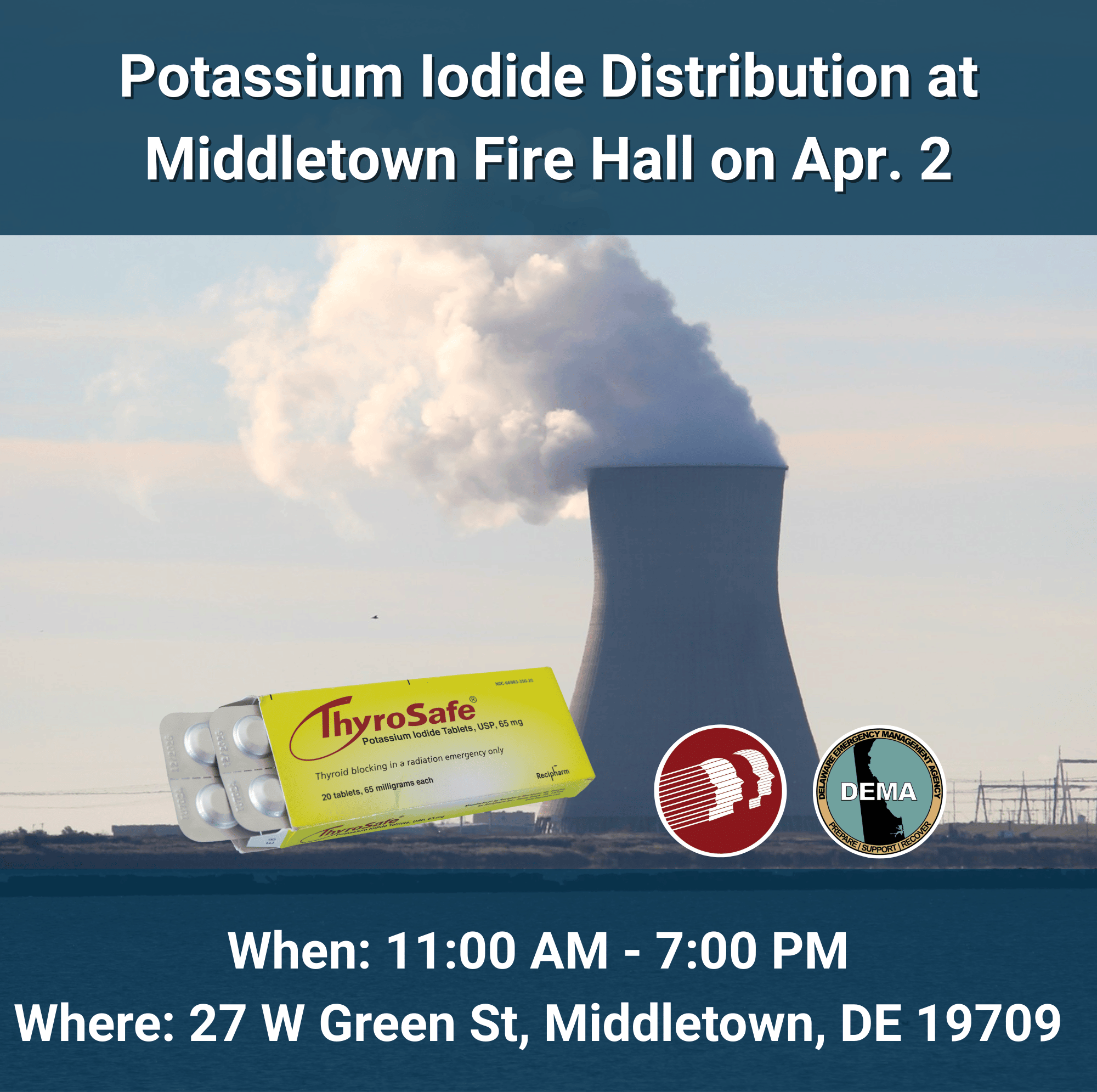 Graphic of Potassium Iodide Distribution at Middletown Fire Hall on April 2. Overlay graphic of Salem Hope Creek Nuclear Generating Station with DEMA and DPH.