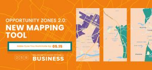 An orange background showing snippets of map locations in DE promoting the new Opportunity Zone mapping tool.