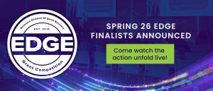 Dark blue background with the circular EDGE logo on the left and text in white stating that EDGE finalists are listed in the release, on the right