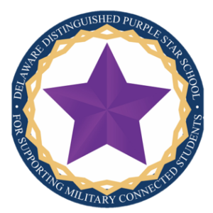 A star is in the middle of a circle surrounded by the text, "Delaware Distinguished Purple Star School - For Supporting Military Connected Students"