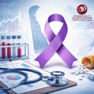 Purple ribbon, charts in back, stethoscope on a clipboard, and pills falling out of a bottle.