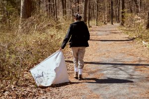 A DNREC Tick Program staff member surveys for ticks in a wooded area of northern New Castle County /Delaware DNREC photo