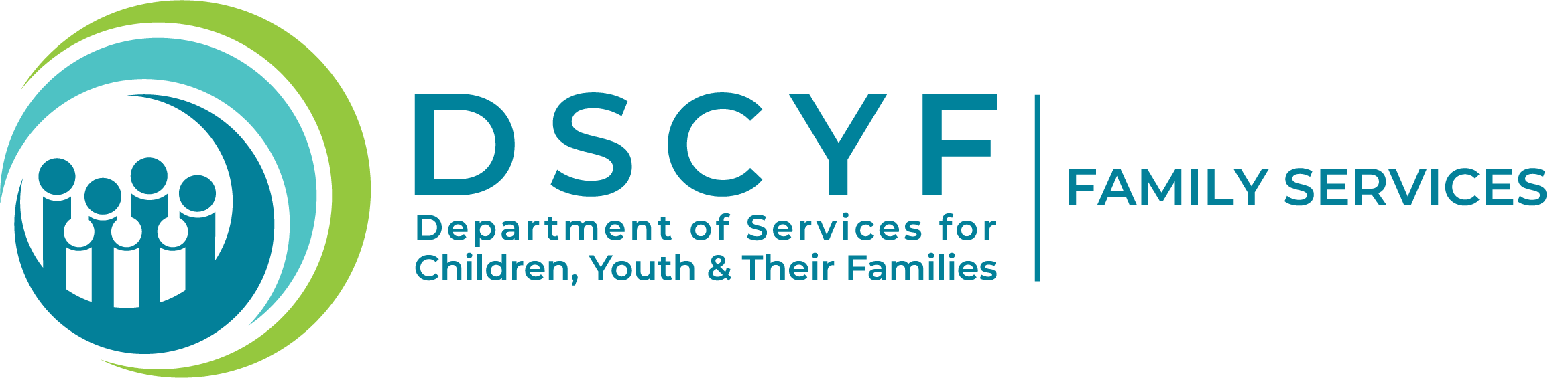 Department of Services for Children, Youth and Their Families (DSCYF) Family Services logo featuring figures of people inside circular teal and green shapes beside the words “DSCYF Family Services.”