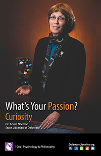 Annie Norman State Librarian holding a question mark promoting her passion of Curiosity on a black background with orange and white text