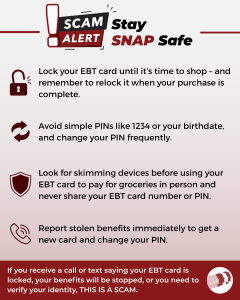 Graphic titled “Scam Alert: Stay SNAP Safe” with red and black text on a light gray background. The graphic provides four tips to help SNAP recipients protect their EBT benefits from theft: Lock your EBT card until it is time to shop and relock it after completing your purchase. Avoid simple PINs such as 1234 or your birthdate, and change your PIN frequently. Check for card skimming devices before using your EBT card in person and never share your EBT card number or PIN. Report stolen benefits immediately, request a new card, and change your PIN. A red banner at the bottom warns: “If you receive a call or text saying your EBT card is locked, your benefits will be stopped, or you need to verify your identity, THIS IS A SCAM.” The graphic includes icons representing a lock, PIN changes, security protection, and reporting fraud.