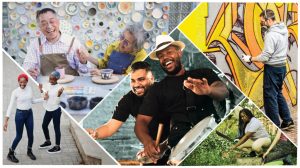 Collage of diverse people engaged in arts and cultural activities, including music, dance, painting, ceramics, storytelling, and family connection. A drummer at the center anchors the image, surrounded by scenes of artists, performers, and community members creating, teaching, and celebrating together.