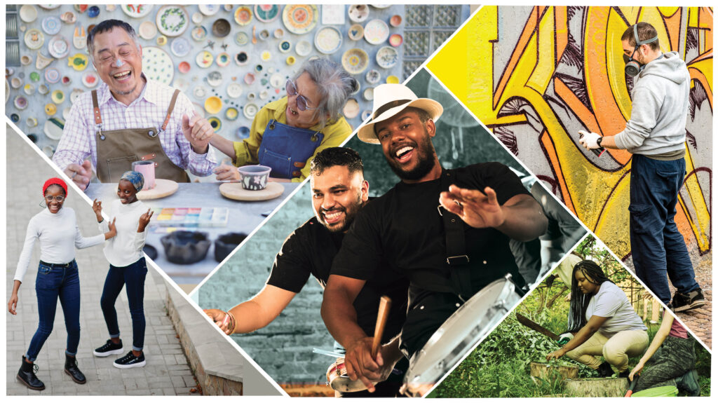 Collage of diverse people engaged in arts and cultural activities, including music, dance, painting, ceramics, storytelling, and family connection. A drummer at the center anchors the image, surrounded by scenes of artists, performers, and community members creating, teaching, and celebrating together.