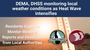 Thermometer showing high temperatures with a bright sun, urging residents to monitor weather reports during an intensifying heat wave.