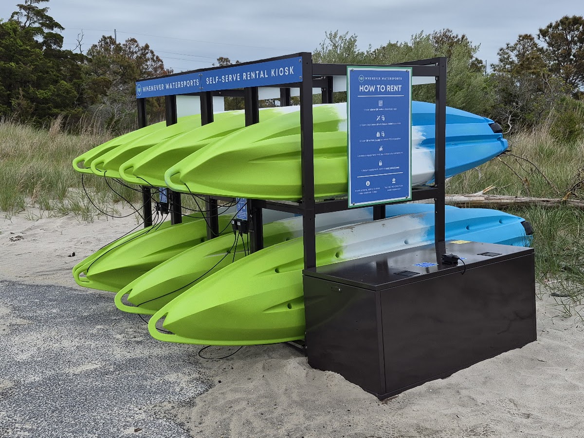 A paddle kiosk at Towers Bayside allows visitors to rent a kayak, paddle and life vest through the internet.