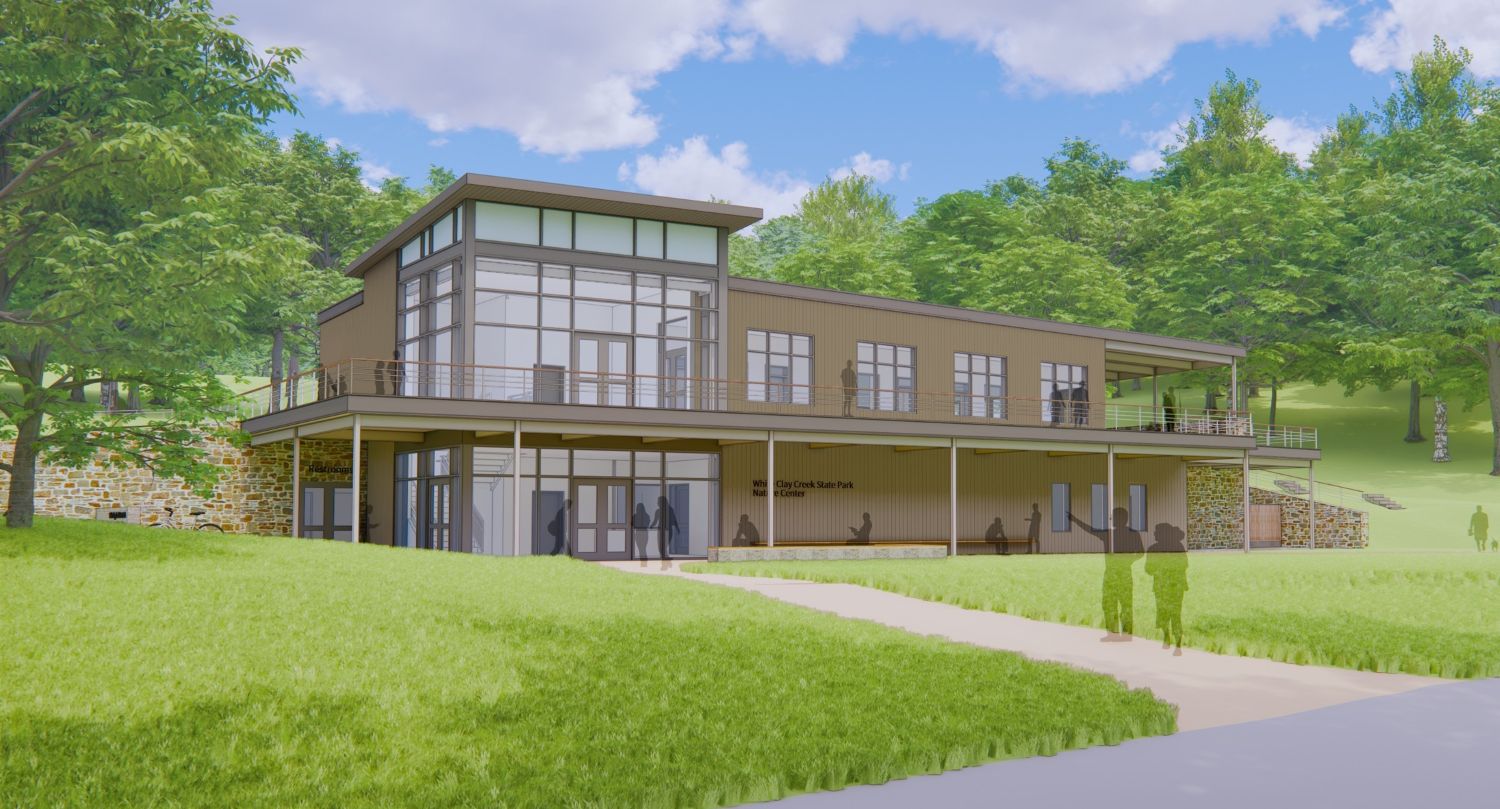 The new Discovery Center at White Clay Creek State Park, expected to be completed by DNREC in 2028, will include educational programming, exhibits, classrooms, a new parking lot, restrooms and staff offices. /Delaware DNREC illustration