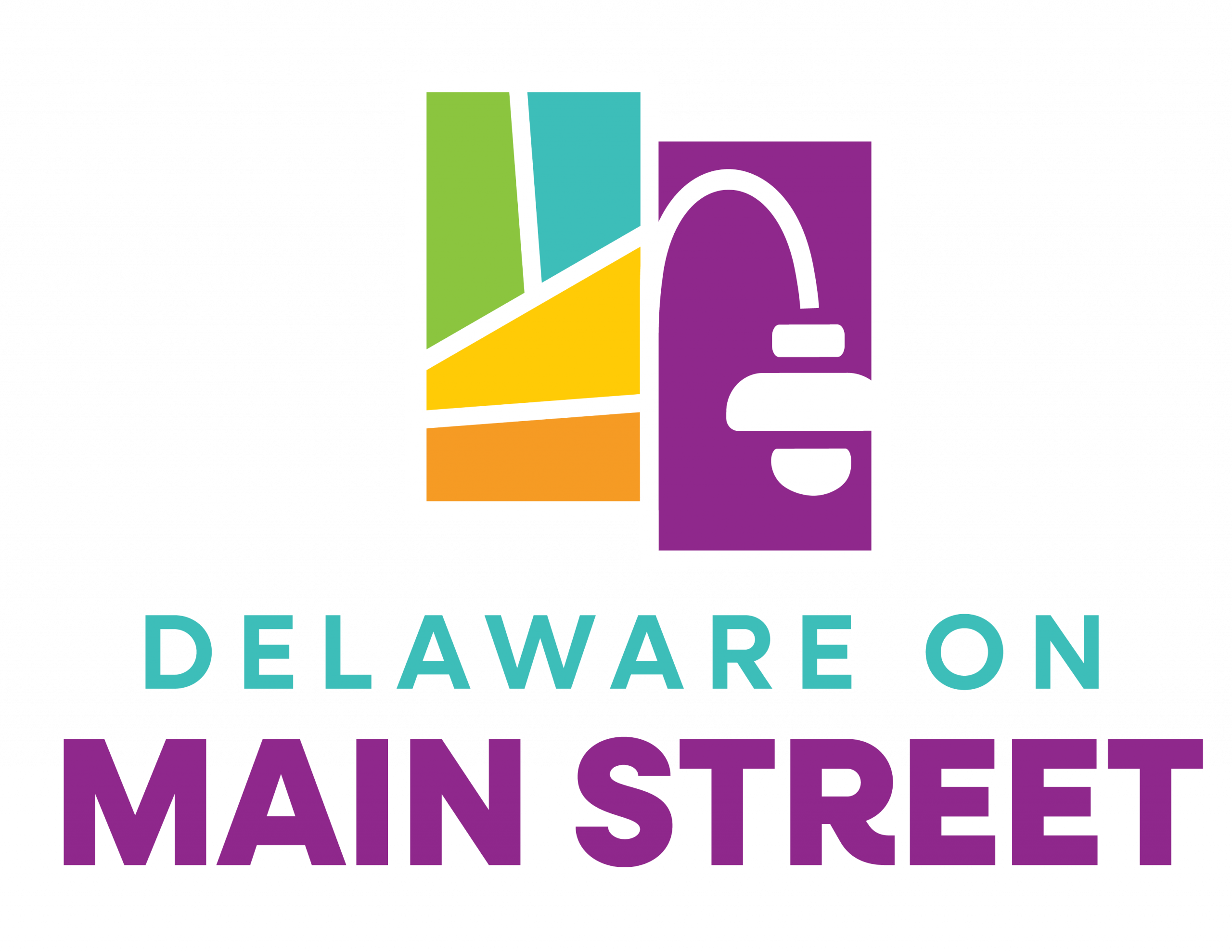 Delaware on Main Street logo. A series of colored asymmetrical blocks and an image of an old time lamp.