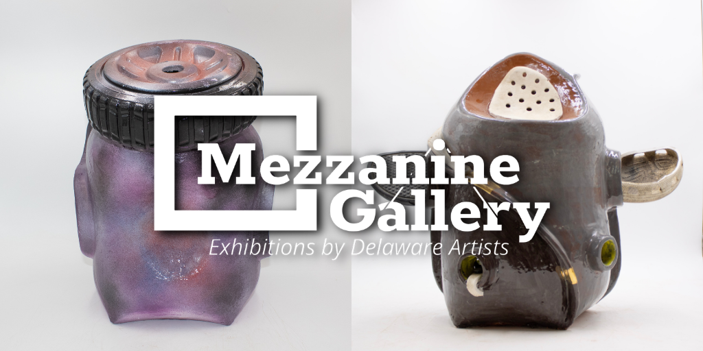 Promotional graphic for the Mezzanine Gallery featuring two sculptural ceramic vessels against a white background. The gallery logo and the words “Mezzanine Gallery: Exhibitions by Delaware Artists” appear prominently across the center.