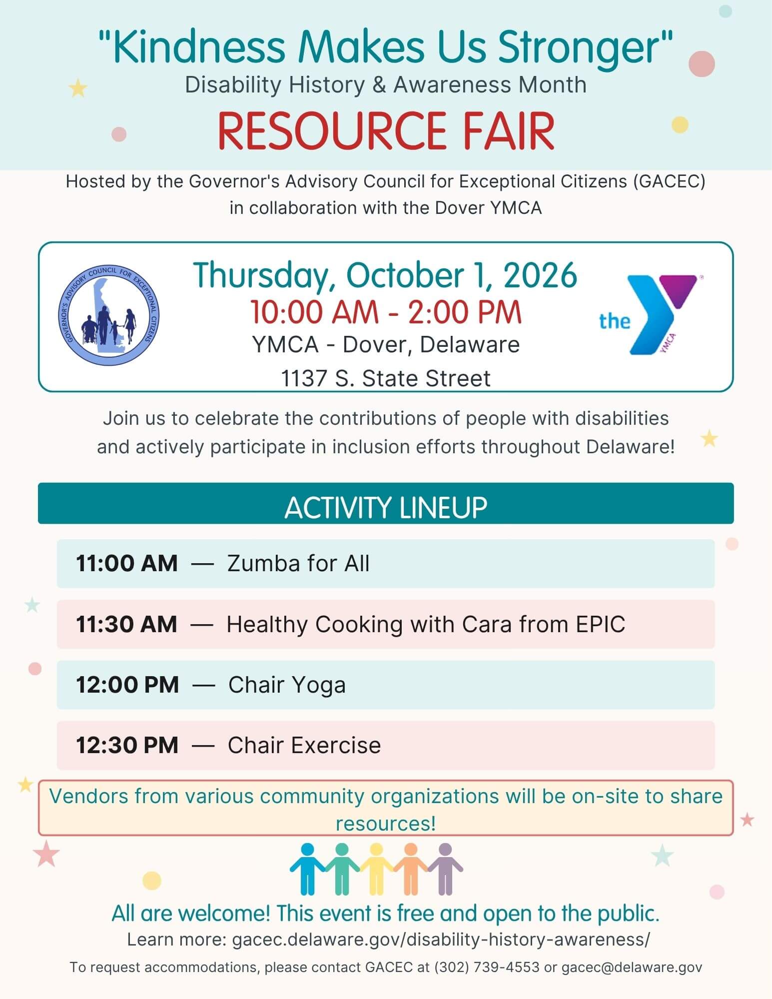 A colorful flyer titled “Kindness Makes Us Stronger – Disability History & Awareness Month Resource Fair.” The flyer announces a free event hosted by the Governor’s Advisory Council for Exceptional Citizens in collaboration with the Dover YMCA. It lists the date, Thursday, October 1, 2026, from 10:00 a.m. to 2:00 p.m., at the Dover YMCA, 1137 S. State Street. The activity lineup includes Zumba at 11:00 a.m., healthy cooking at 11:30 a.m., chair yoga at 12:00 p.m., and chair exercise at 12:30 p.m. The flyer notes that vendors from community organizations will be on-site to share resources. Decorative stars and icons appear throughout.