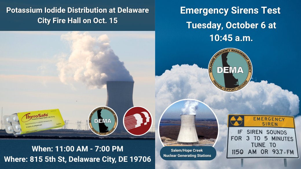Cooling towers at Salem/Hope Creek Nuclear Stations emitting steam under a blue sky with emergency siren test details and potassium iodide distribution info.
