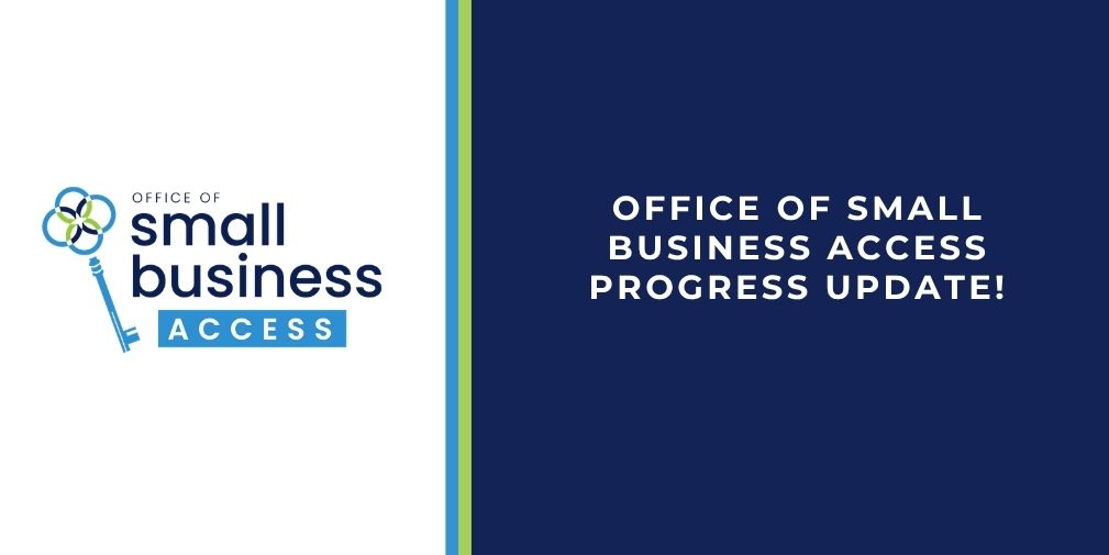 A key, the logo for Office of Small Business Access sits on white in left third, and text sitting in blue on the right two thirds