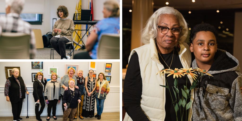 a collage of senior citizens taking art classes