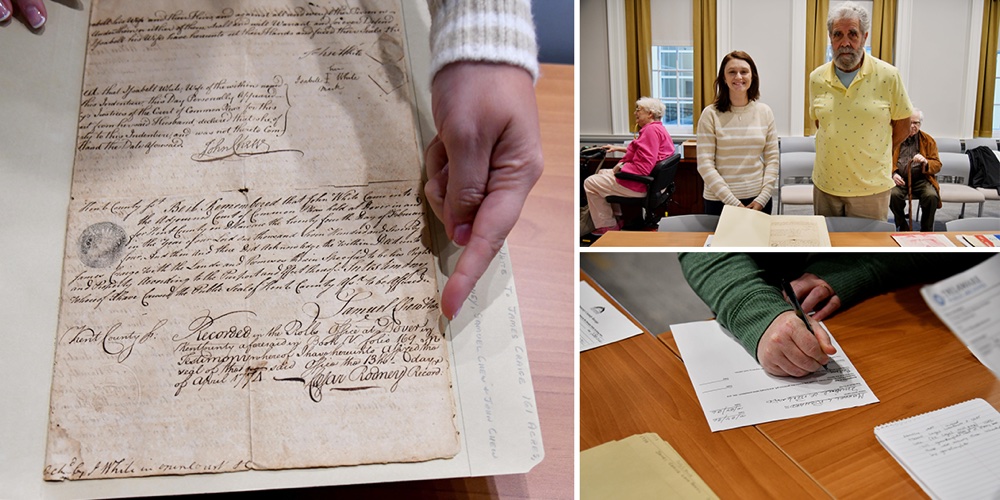 Collage showing a land record signed by Caesar Rodney, Maegan Peterman with donor Michael Richards, and Brittany Morris signing a Deed of Gift.