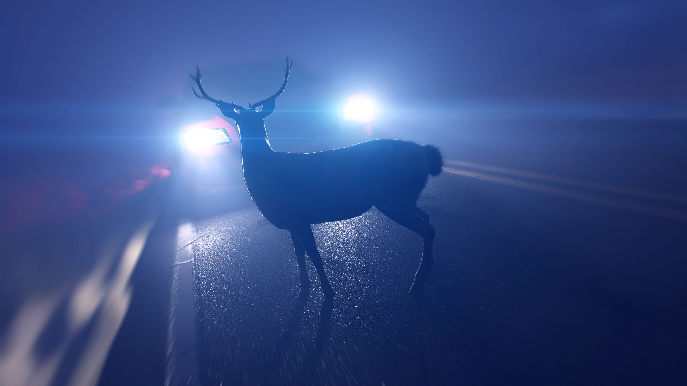 A car is driving at night about to hit a deer that is stopped in front of it.
